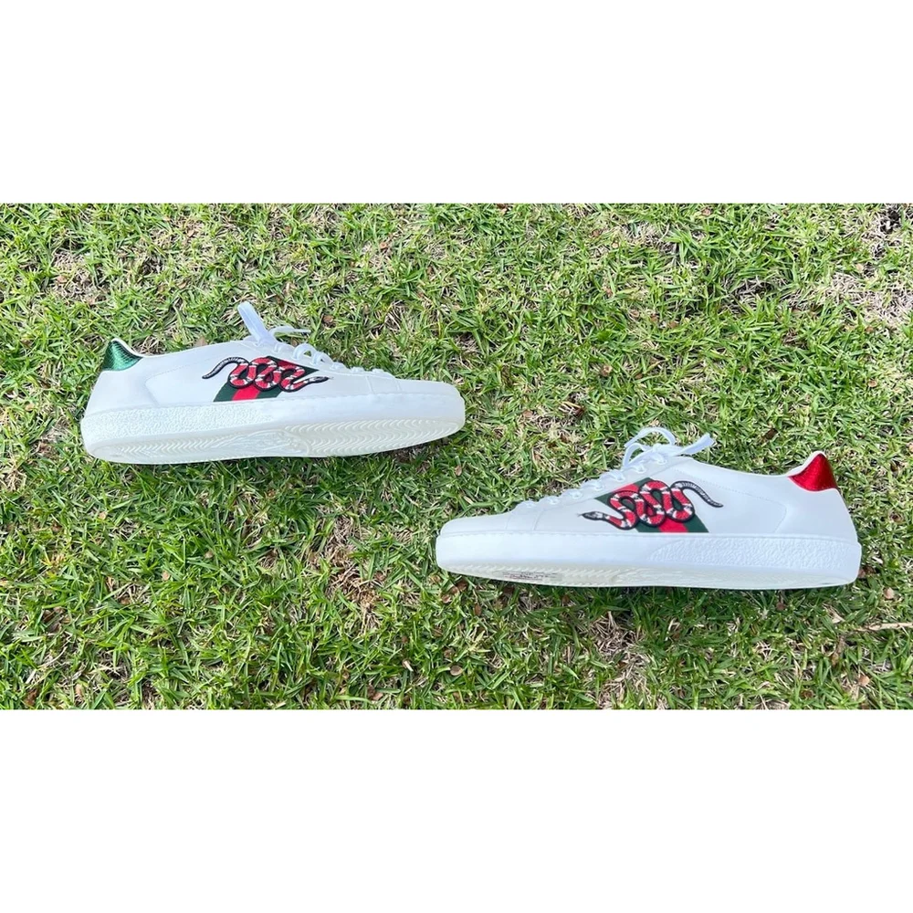 GUCCI Mens Ace Leather Sneakers White King Snake Embossed Size 16.5 G US 17 NEW